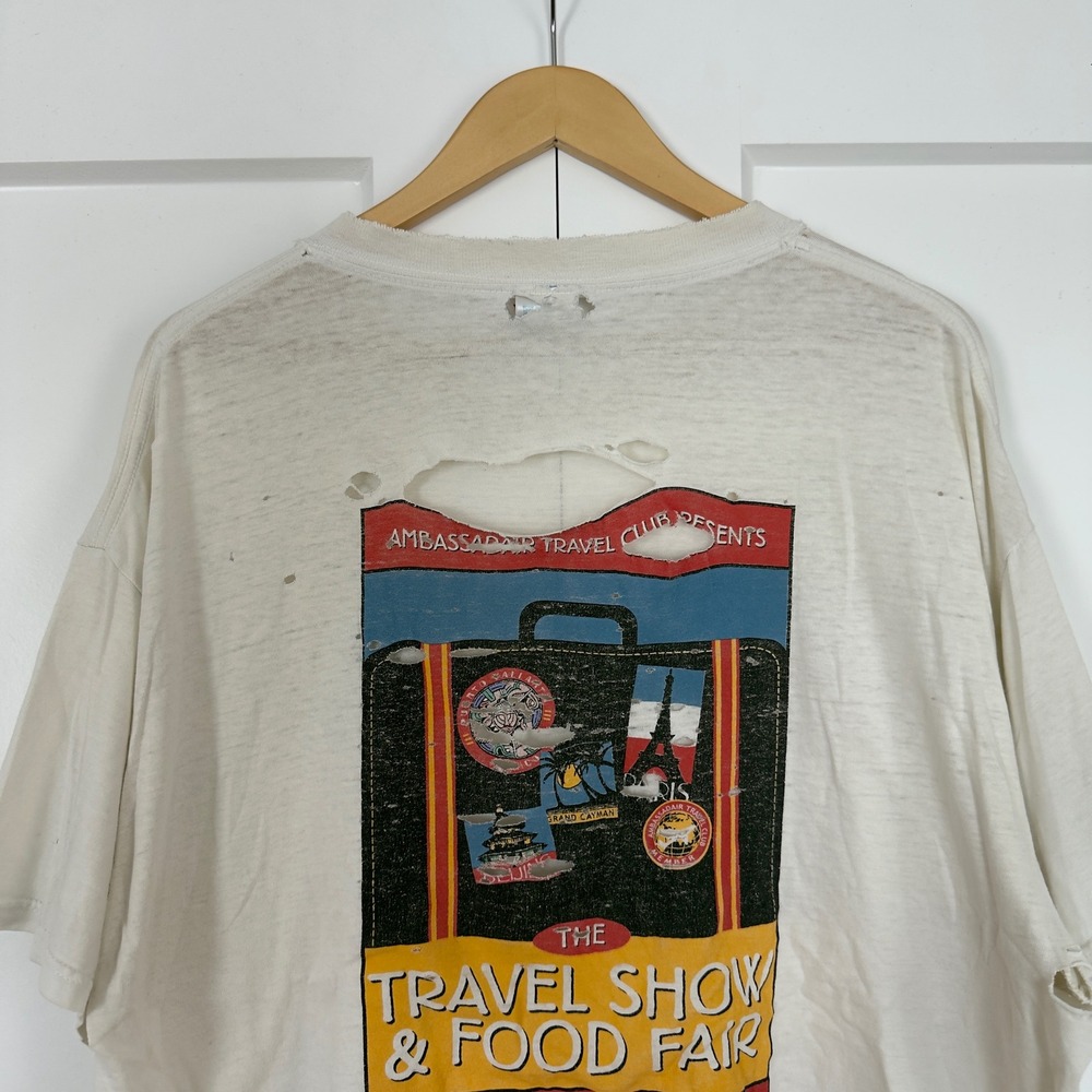 Mens Thrashed Distressed Travel Show & Food Fair T-Shirt XL White Vintage